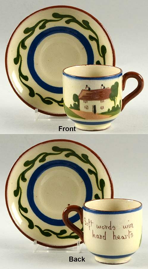 Motto Ware (Cottage) Flat Demitasse Cup & Saucer Set by Torquay Pottery-1