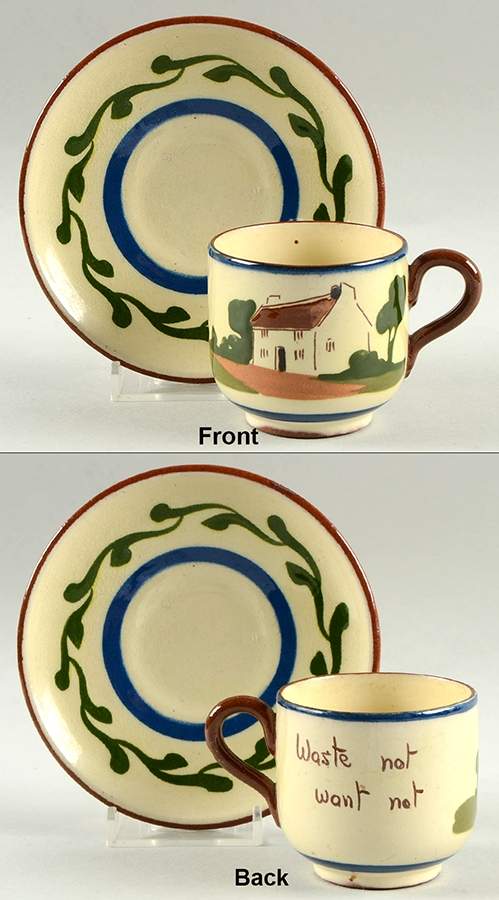 Motto Ware (Cottage) Flat Demitasse Cup & Saucer Set by Torquay Pottery-1