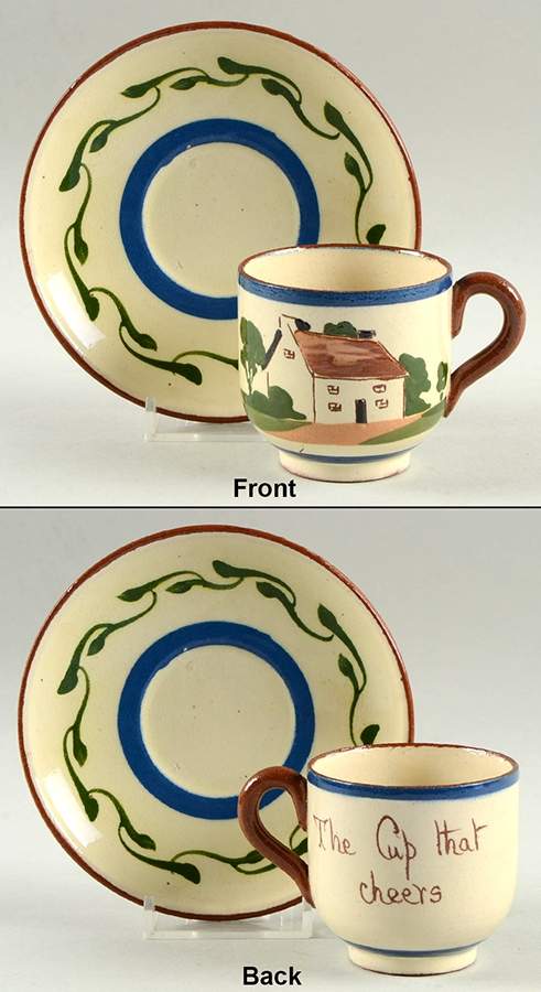 Motto Ware (Cottage) Flat Demitasse Cup & Saucer Set by Torquay Pottery-1