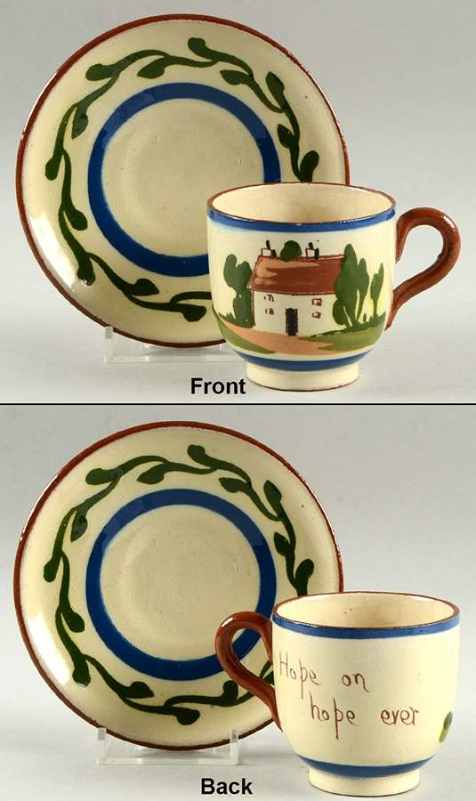 Motto Ware (Cottage) Flat Demitasse Cup & Saucer Set by Torquay Pottery-1