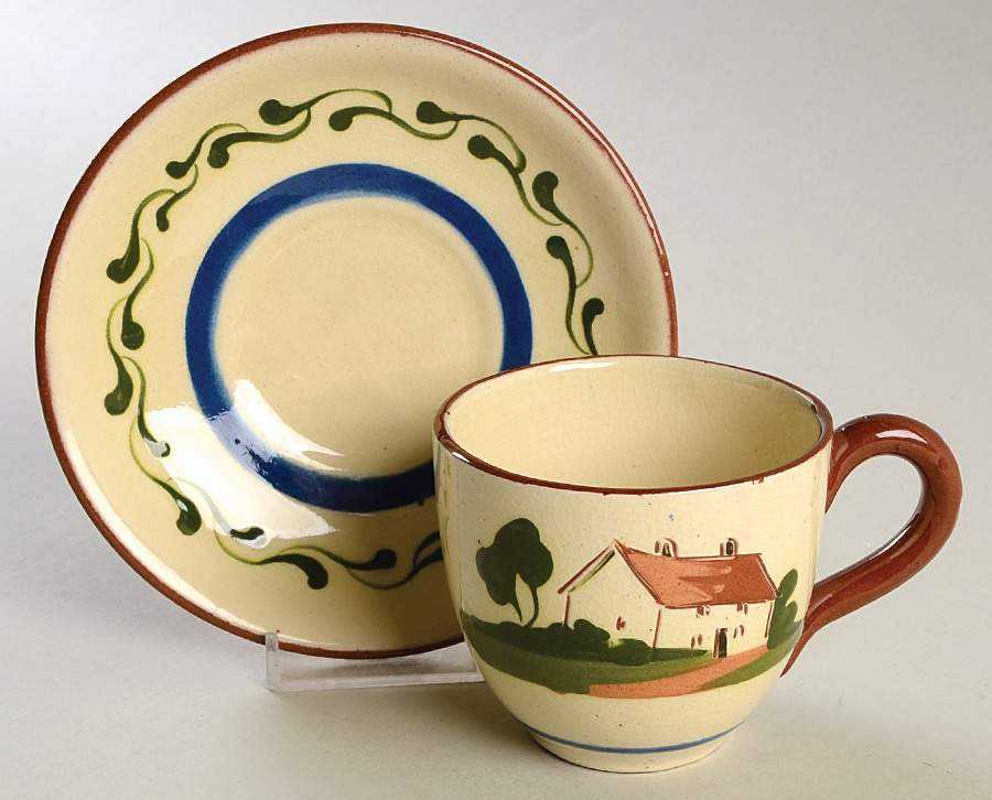 Motto Ware (Cottage) Flat Cup & Saucer Set by Torquay Pottery-1