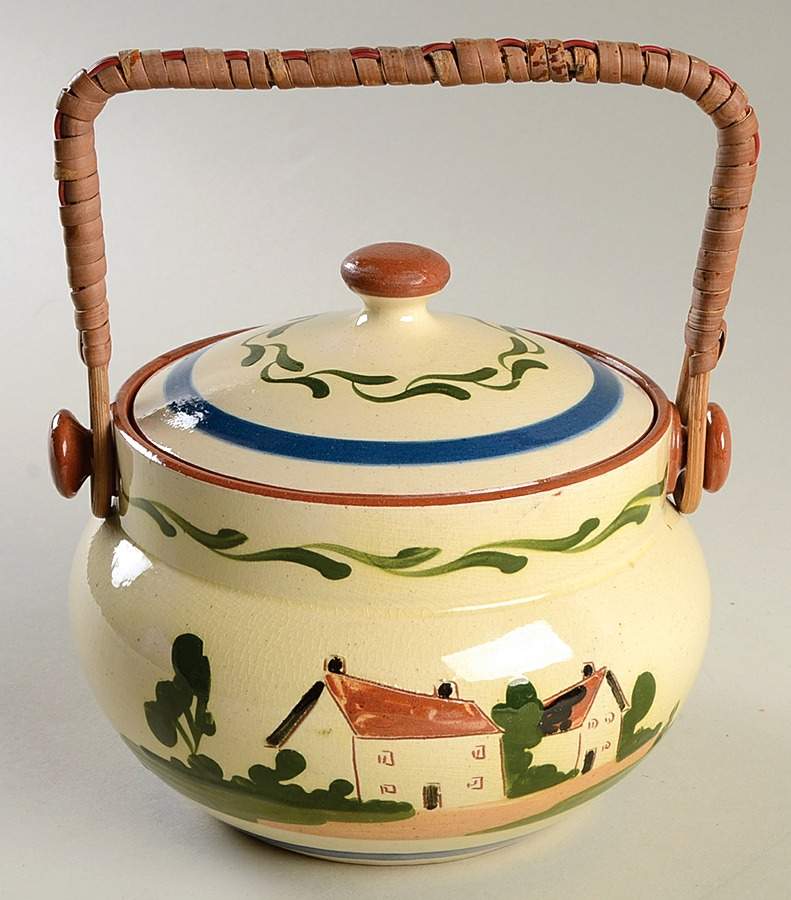 Motto Ware (Cottage) Biscuit Barrel & Lid by Torquay Pottery-1