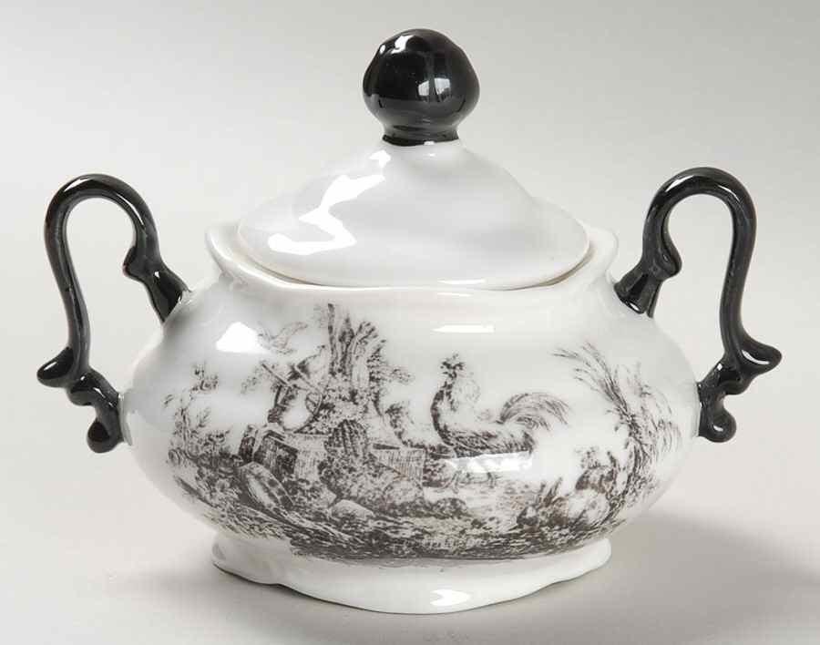 New England Toile (People) Mini Sugar Bowl & Lid by Tabletops Unlimited-1