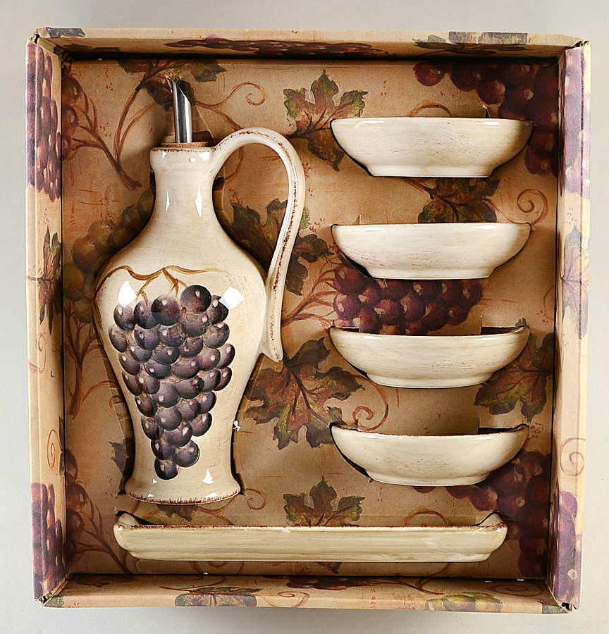 Vineyard Oil Jar/Drizzler with 4 Dipping Bowls & Tray by Tabletops Unlimited-1