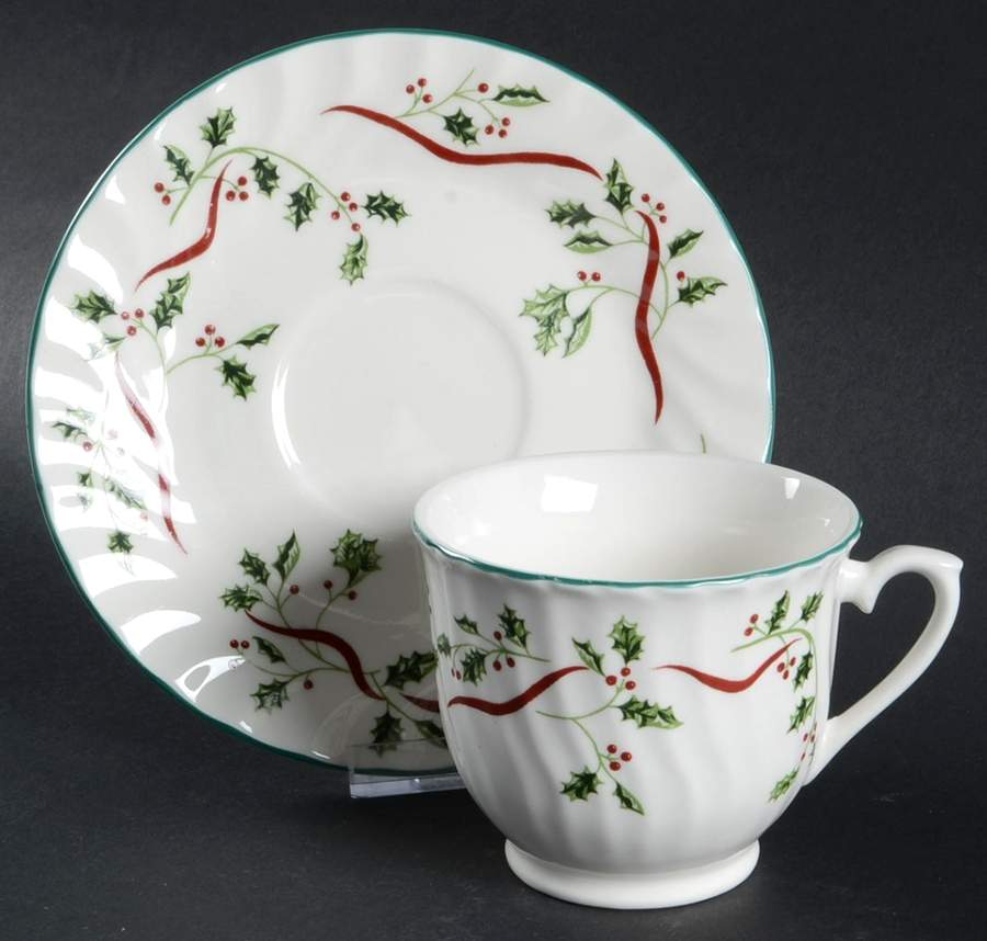 Holly Ribbon Footed Cup & Saucer Set by Totally Today-1