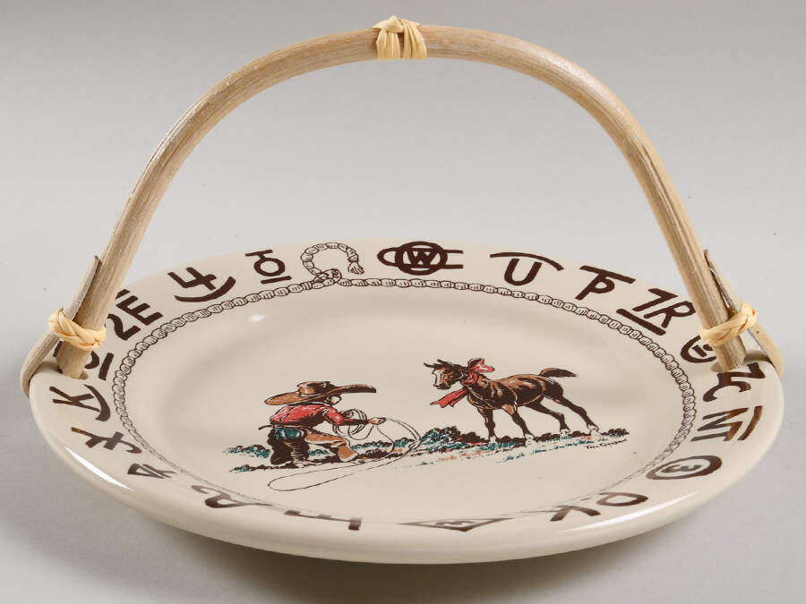 Christmas (Cowboy) 5 3/8"-5 5/8" Bamboo Handled Serving Plate  HC by True West-1