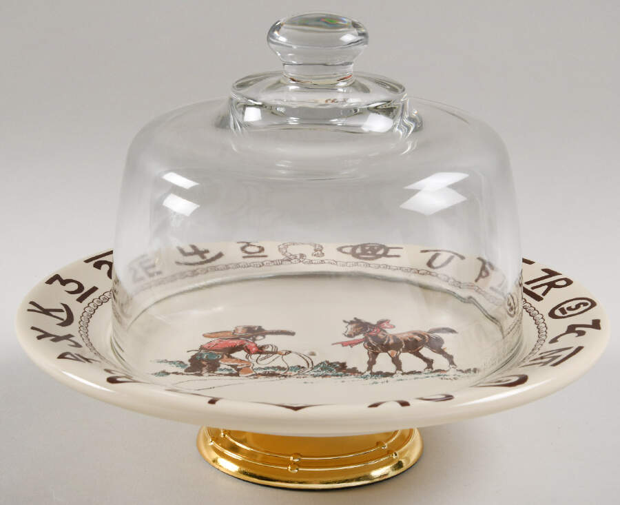 Christmas (Cowboy) 6 1/2"-7 1/2" Footed Cheese Plate w/ Glass Dome HC by True West-1