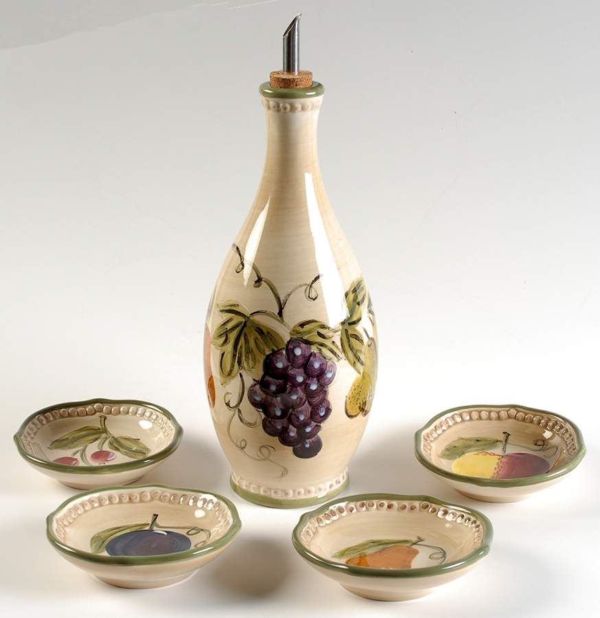 Francesca Oil Jar/Cruet with Lid and 4 Motif Dip Bowls by Tabletops Unlimited-1