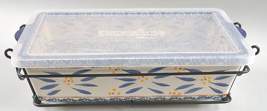 Old World Blue 13" Rectangular Baker & Plastic Lid with Metal Stand by Temp-Tations-1