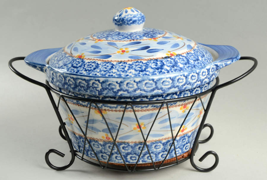 Old World Blue 2.5 Qt Round Covered Casserole & Metal Stand by Temp-Tations-1