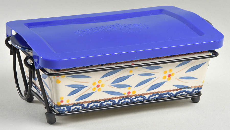 Old World Blue 10" Rectangular Baker W/Plastic Lid & Metal Stand by Temp-Tations-1