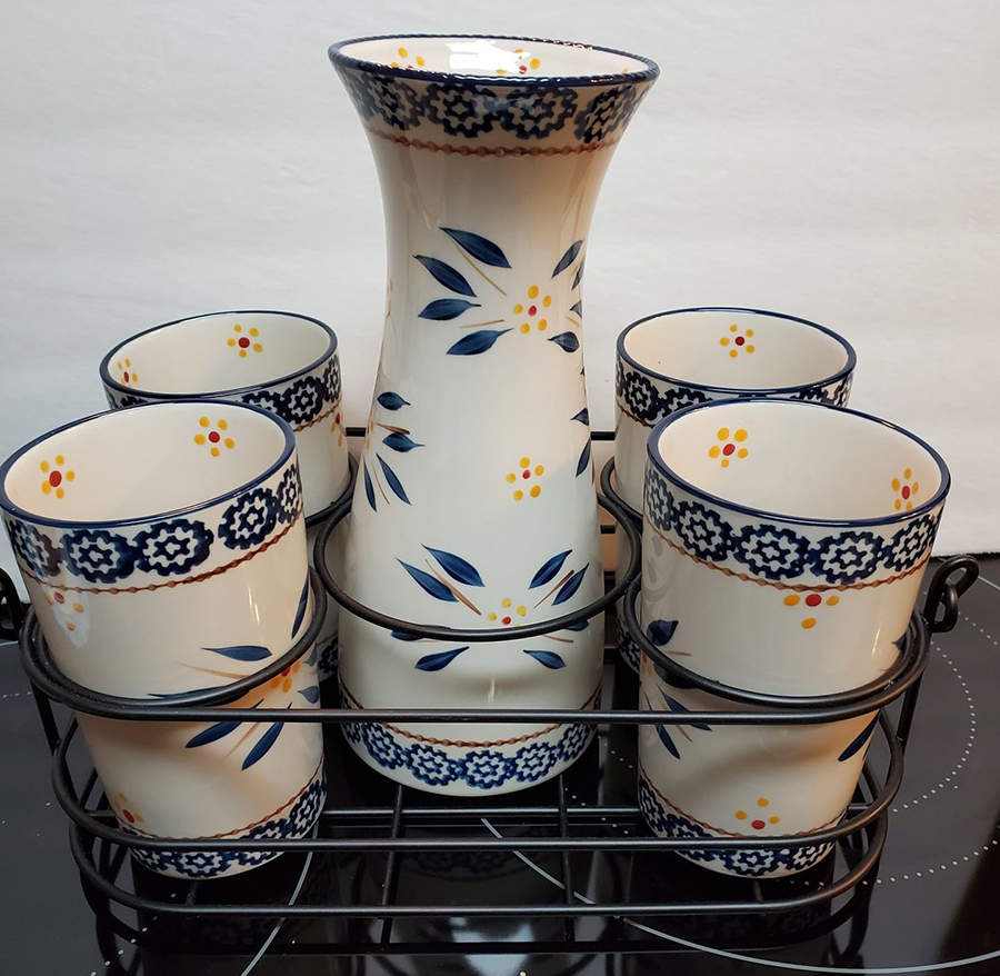 Old World Blue (6 Piece) Carafe & Tumbler Set with Metal Caddy by Temp-Tations-1