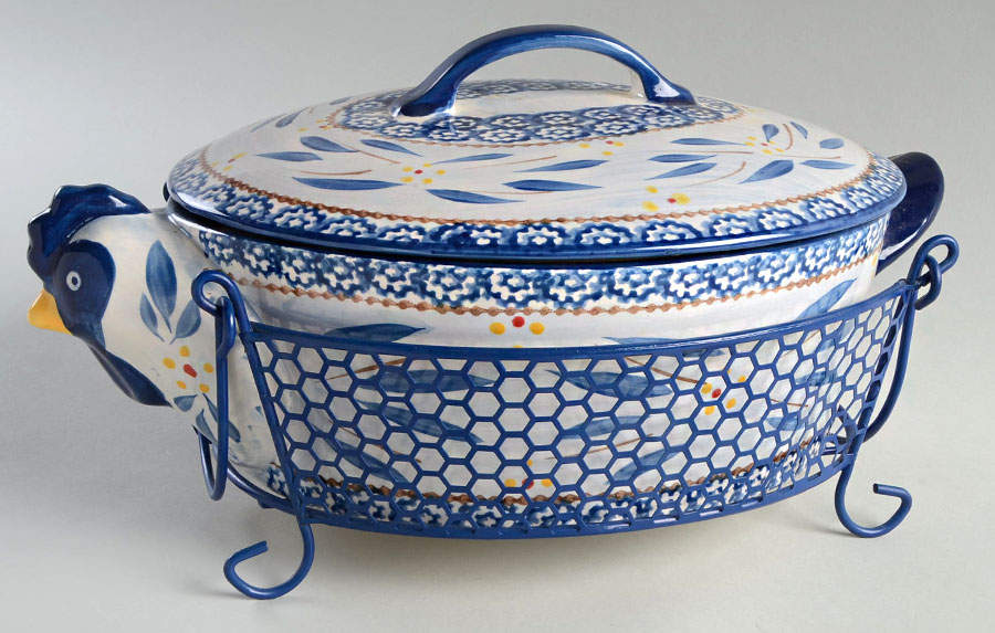 Old World Blue 2.5 Qt Oval Covered Baker & Wire Holder by Temp-Tations-1