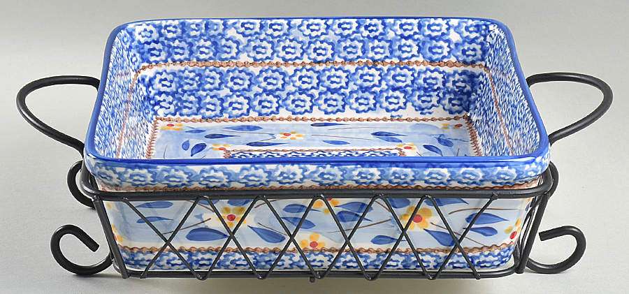 Old World Blue 9" Square Baker & Metal Stand by Temp-Tations-1