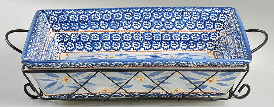 Old World Blue 13" Rectangular Baker with Metal Stand by Temp-Tations-1