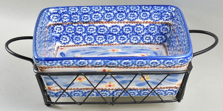 Old World Blue 9" Square Baker & Metal Stand by Temp-Tations-1