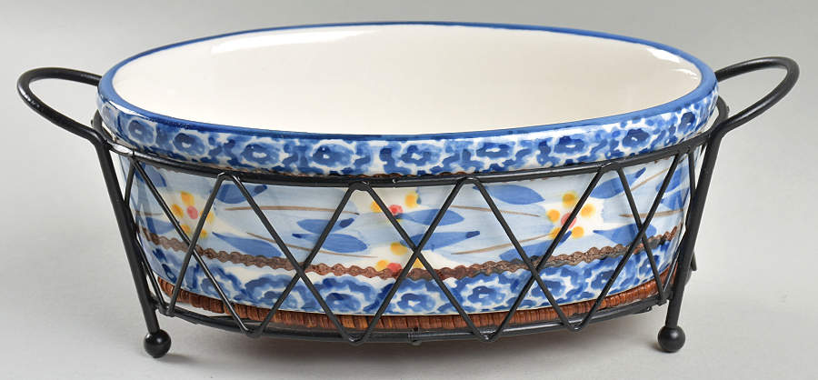 Old World Blue 7" Oval Vegetable w/Metal Stand & Wicker Trivet by Temp-Tations-1