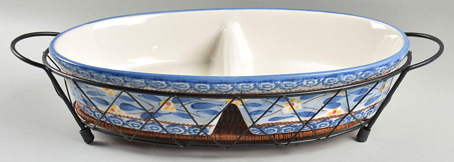 Old World Blue 14" Divided Oval Baker & Metal Stand by Temp-Tations-1