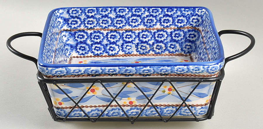 Old World Blue 8" Square Baker & Metal Stand by Temp-Tations-1