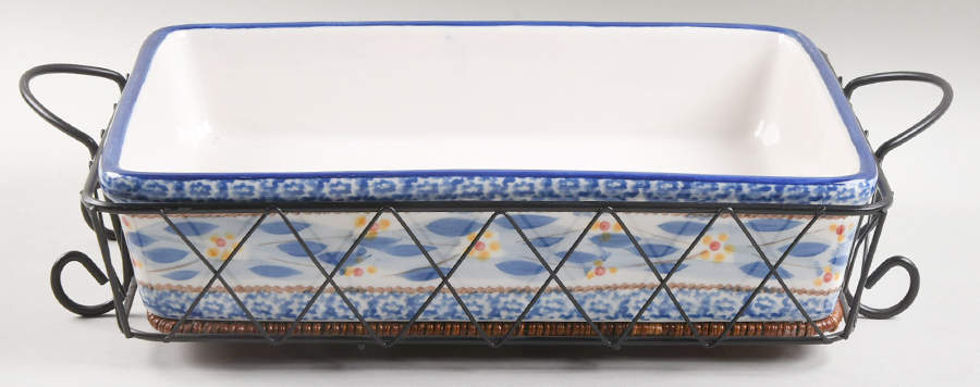Old World Blue 12" Rectangular Baker & Wicker Trivet w/Mtl Stand by Temp-Tations-1