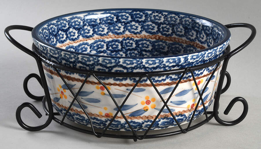 Old World Blue 7" Round Baker & Metal Stand by Temp-Tations-1