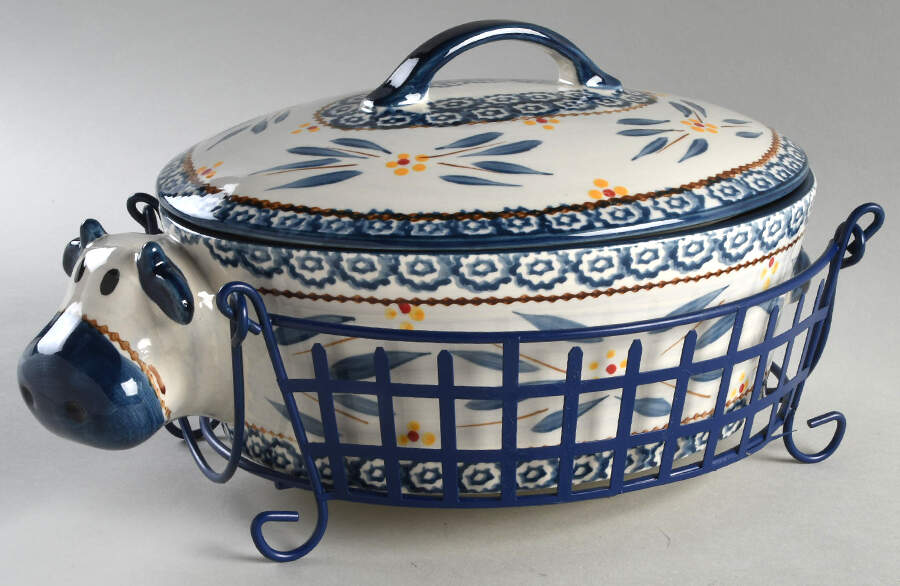 Old World Blue 2.5 Qt Oval Covered Casserole & Metal Stand by Temp-Tations-1