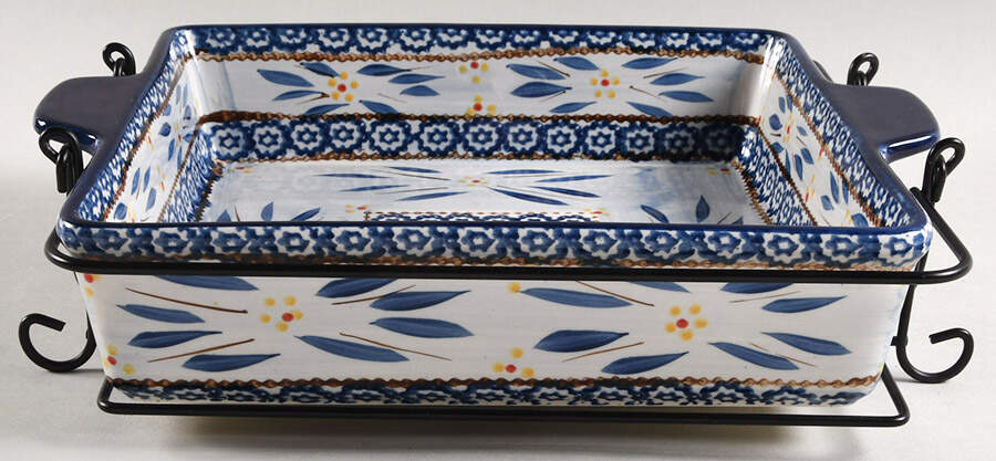 Old World Blue 13" Square Baker with Metal Stand by Temp-Tations-1