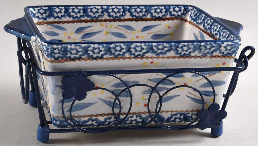 Old World Blue 8" Rectangular Baker W/Metal Stand by Temp-Tations-1