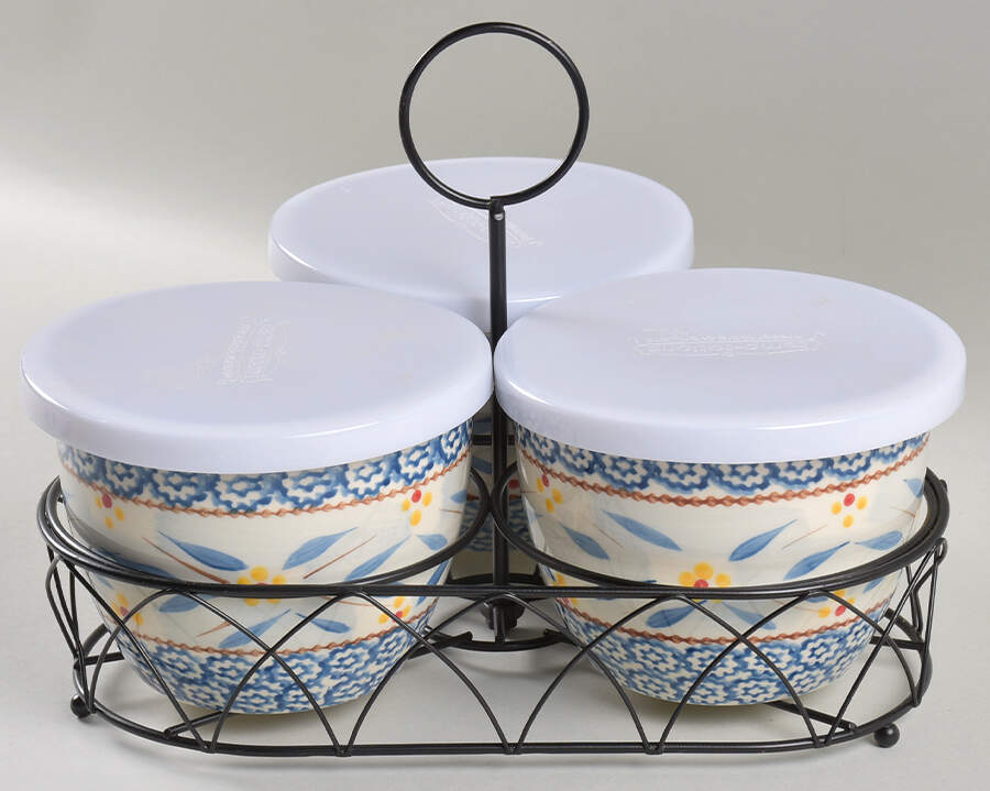 Old World Blue 1 Qt Round Bowl 5" & Lid with Metal Stand - Set of 3 by Temp-Tations-1