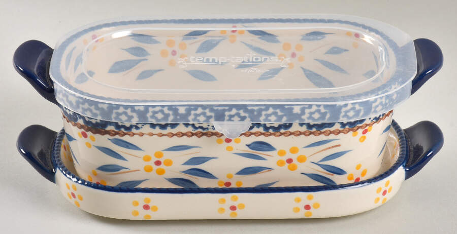 Old World Blue 8" Oval Baker w/Plastic Lid & Lid-It by Temp-Tations-1