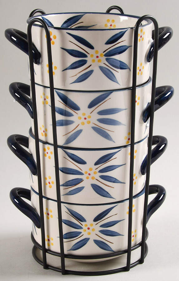 Old World Blue (S/4) Stackable Soup/Cereal Bowls & Metal Holder by Temp-Tations-1