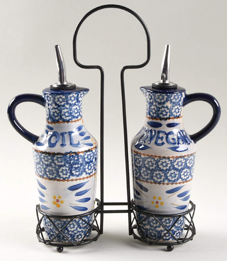 Old World Blue Oil & Vinegar Drizzle Jars with Metal Holder by Temp-Tations-1