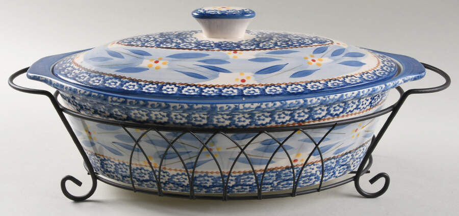 Old World Blue 3.5 Qt Oval Cov Casserole W/Metal Stand by Temp-Tations-1