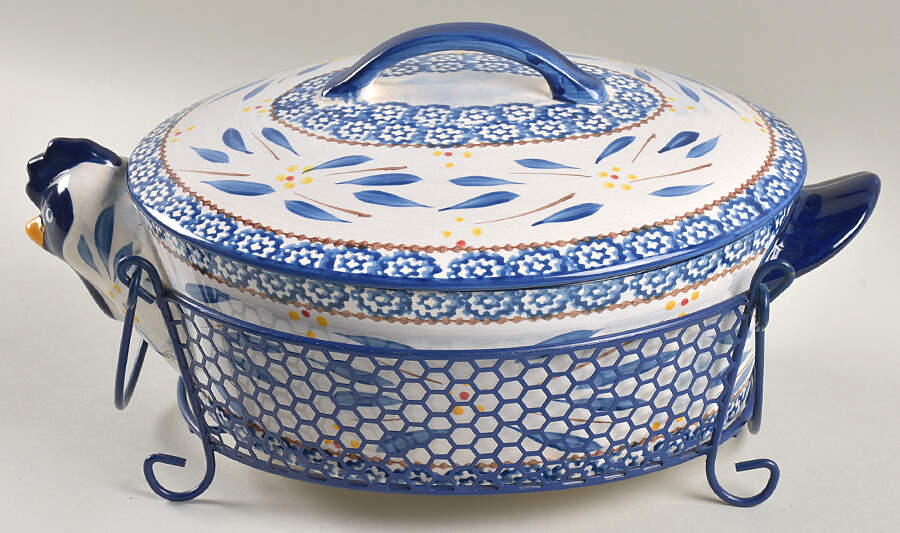 Old World Blue 2.5 Qt Oval Covered Casserole & Metal Stand by Temp-Tations-1