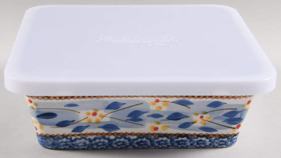 Old World Blue 8" Square Baker w/Metal Stand & Tabless Storage Ld by Temp-Tations-1