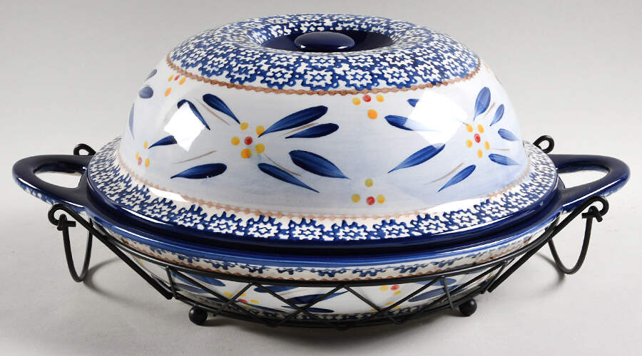 Old World Blue Shallow Baker & Lid/Bowl with Metal Stand by Temp-Tations-1