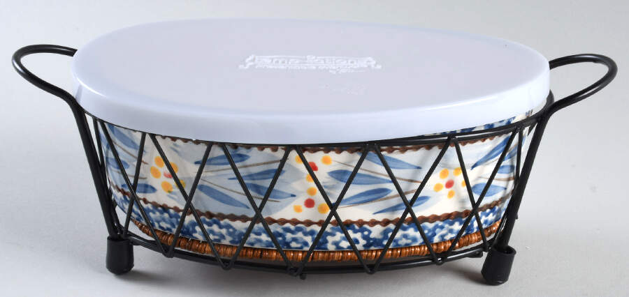 Old World Blue 7" Oval Baker w/Metal Stand,Trivet & Storage Cover by Temp-Tations-1