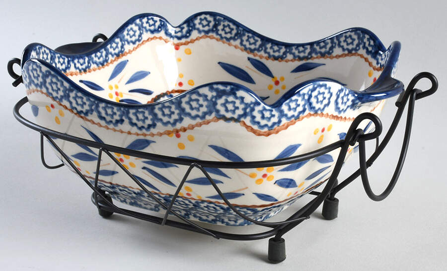 Old World Blue 1.5 Qt Square Bake & Serve Bowl with Metal Stand by Temp-Tations-1