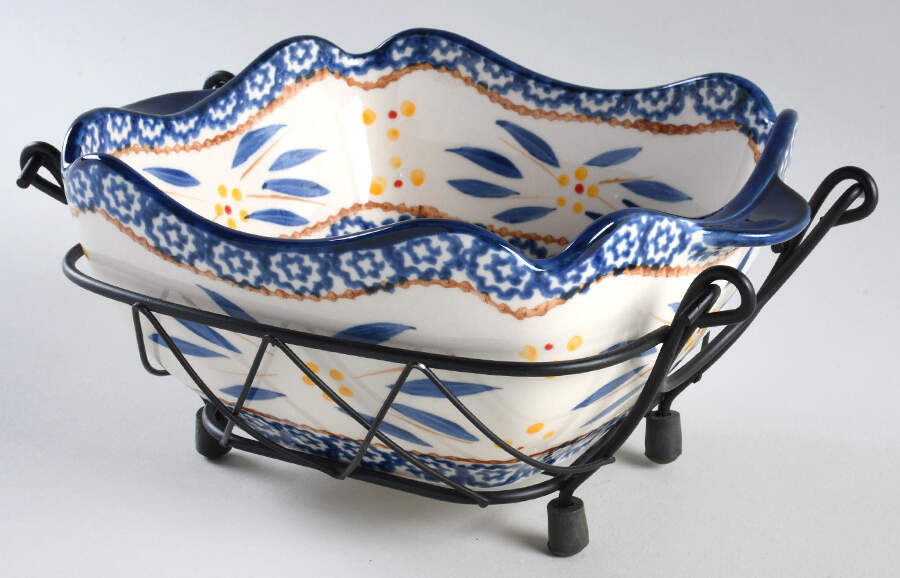 Old World Blue 1 Qt Square Bake & Serve Bowl with Metal Stand by Temp-Tations-1