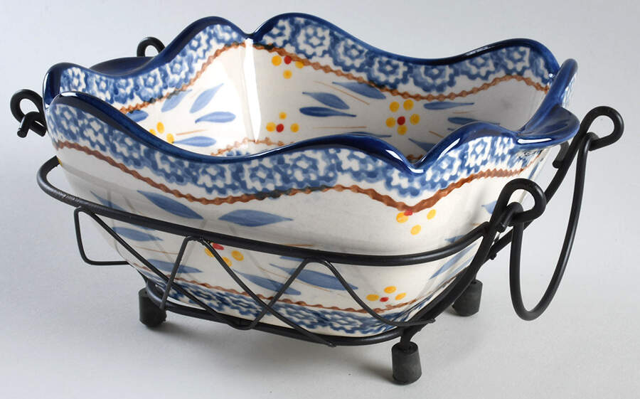 Old World Blue 1 Qt Square Bake & Serve Bowl with Metal Stand by Temp-Tations-1