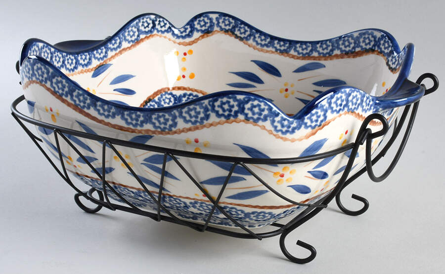 Old World Blue 2.5 Qt Square Bake & Serve Bowl with Metal Stand by Temp-Tations-1