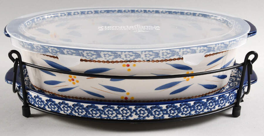 Old World Blue 13" Oval Baker w/Plastic Lid, Lid-It & Metal Stand by Temp-Tations-1