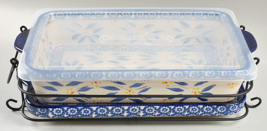 Old World Blue 4pc 13" Rect. Baker (Baker,Lid,Tray & Stand) by Temp-Tations-1