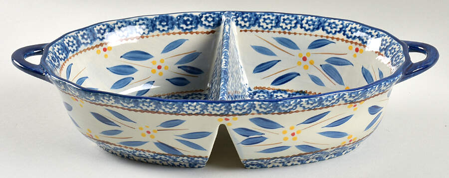 Old World Blue 13" Oval Divided Baker by Temp-Tations-1