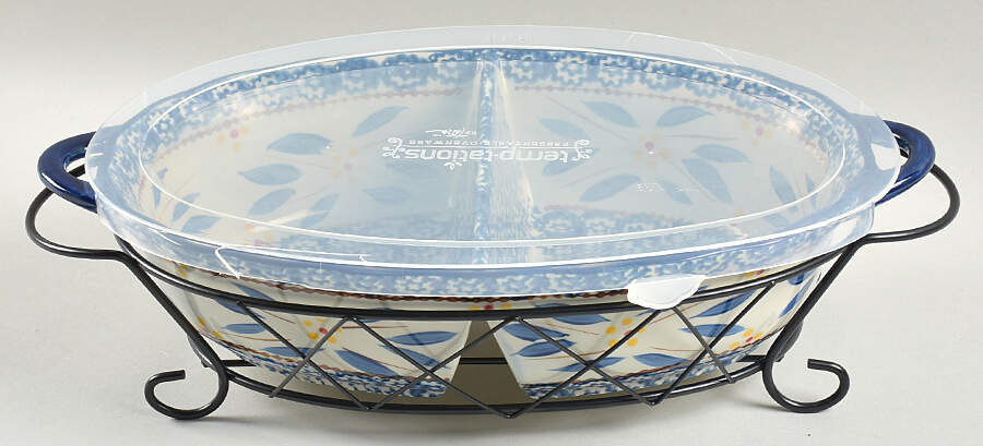 Old World Blue 13" Oval Divided Baker W/Metal Stand & Lid by Temp-Tations-1