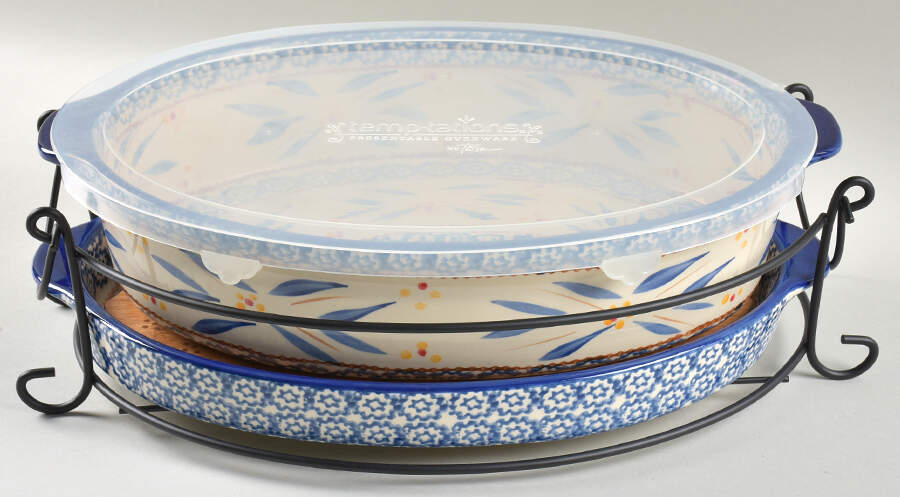 Old World Blue 14" Oval Baker w/Plastic Lid, Lid-It, Cutting Board & Metal Stand by Temp-Tations-1