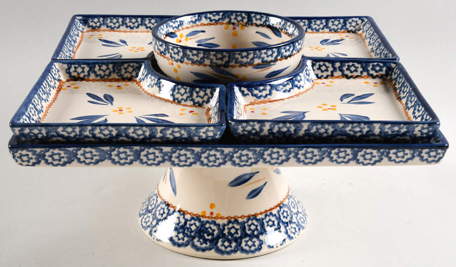 Old World Blue 6 Piece Square Pedestal Server/Cake Set by Temp-Tations-1