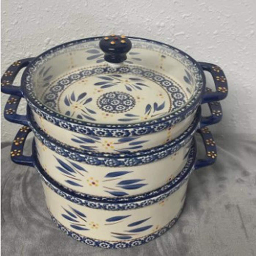 Old World Blue (4 Pc) Round Stacking Baker Set (1QT, 2QT & 3QT with Glass Lid) by Temp-Tations-1