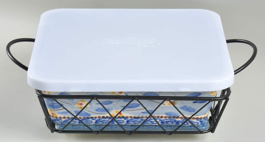 Old World Blue 8' Square Baker with Metal Stand, Glass Trivet & Storage Cover by Temp-Tations-1