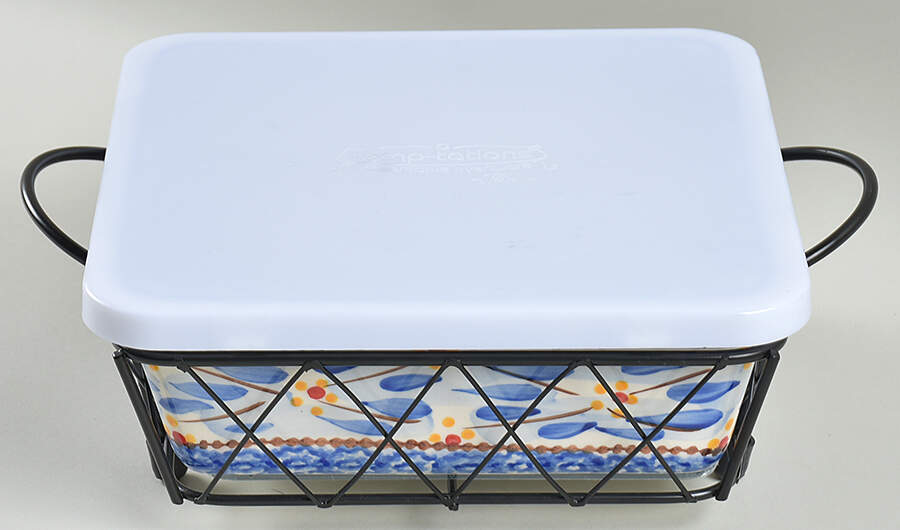 Old World Blue 7' Square Baker with Metal Stand, Glass Trivet & Storage Cover by Temp-Tations-1